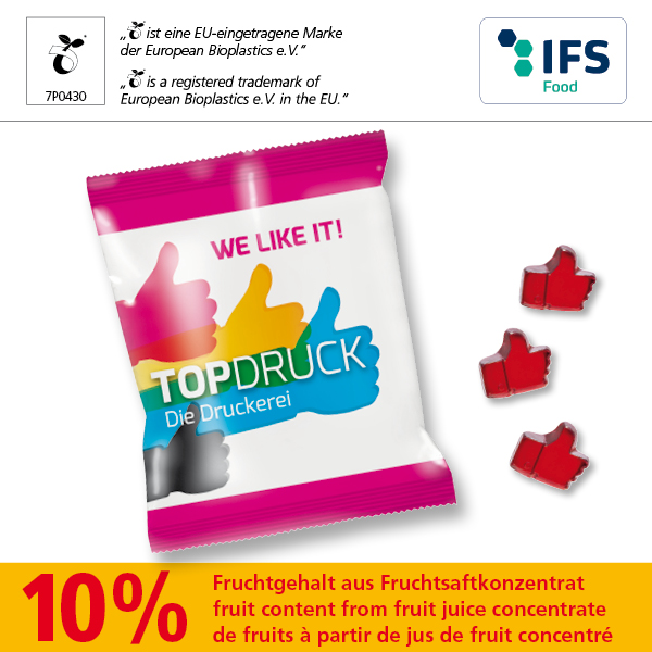 KALFANY Fruchtgummi-Standardformen 10 g mit kompostierbarem Werbetuetchen 