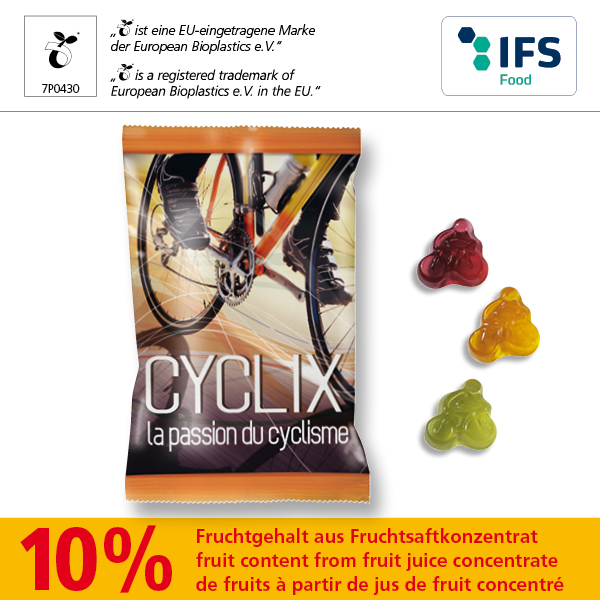 KALFANY Fruchtgummi -Standardformen 15 g mit kompostierbarem Werbetuetchen 