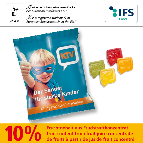 KALFANY Fruchtgummi-Sonderform MINI mit kompostierparem Werbetuetchen 