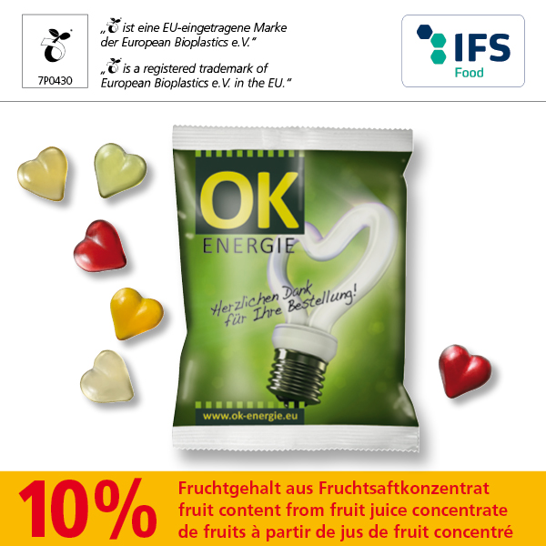 KALFANY Fruchtgummi-Herzen mit kompostierbarem Werbetuetchen 