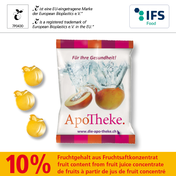 KALFANY Fruchtgummi-Pfirsich mit Vitaminen mit kompostierbarem Werbetuetchen