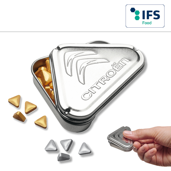 KALFANY 3-ECK-Praege-Drueck-mich-Dose mit 9 g Pfefferminzgold- oder Silbernuggets in Dreiecksform