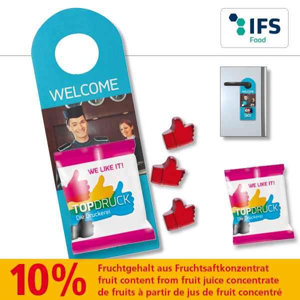 KALFANY Promo-Tueranhaenger mit 1 Fruchtgummi 10 g Tuetchen 