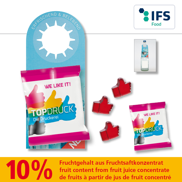 KALFANY Promo-Flaschenanhaenger mit 1 Fruchtgummi 10 g Tuetchen 