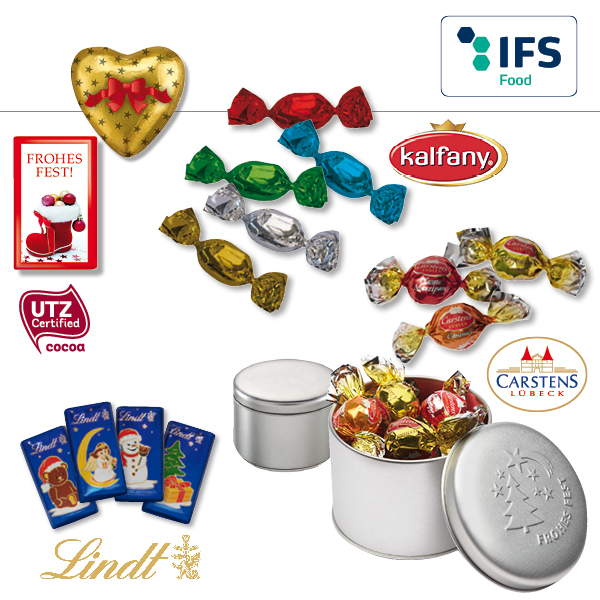 KALFANY Praesentdose groß, Standardmotive mit Schoko-Naps Vollmilch Lindt und Spruengli